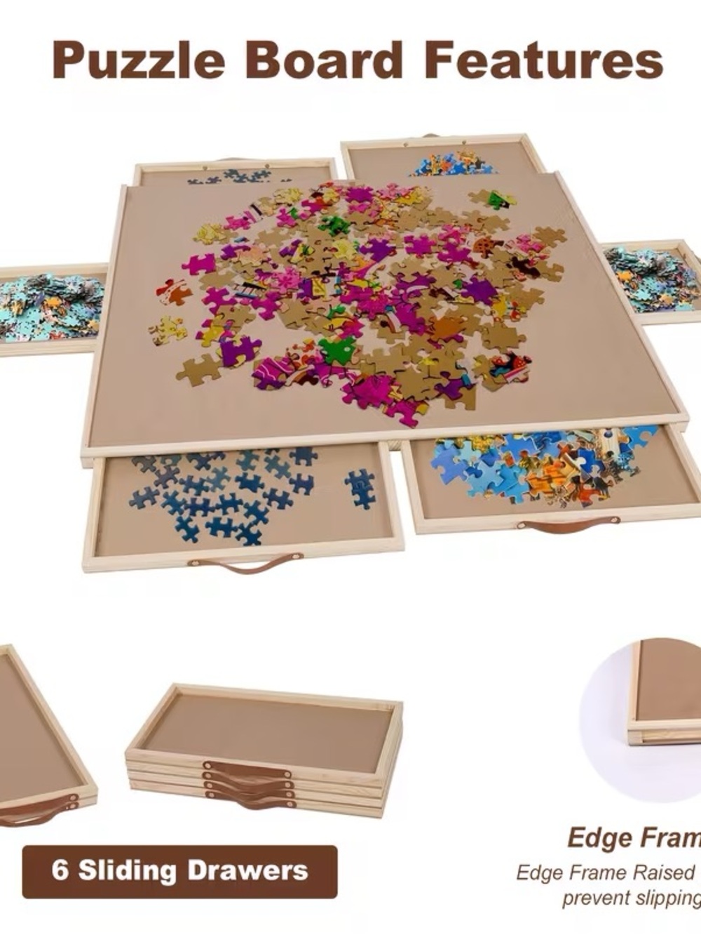 Beige Wooden Puzzle & Game Board with 6 Sliding Drawers